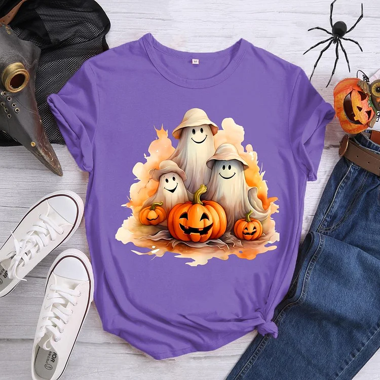 Halloween Pumpkin Ghost Round Neck T-shirt-0019572