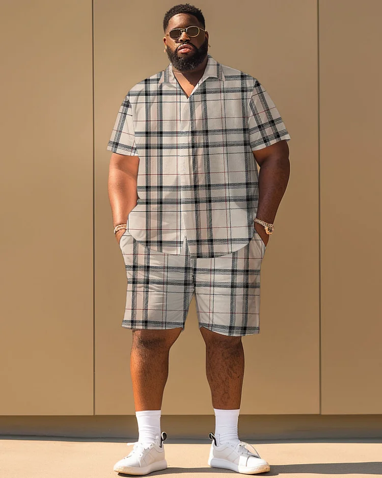 Men's Plus Size Casual Khaki Print Short Sleeve Shirt Shorts Suit