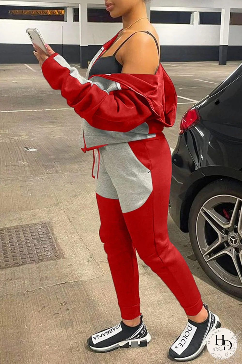 Black Red Casual Sportswear Solid Split Joint Zipper Hooded Collar Long Sleeve Two Pieces