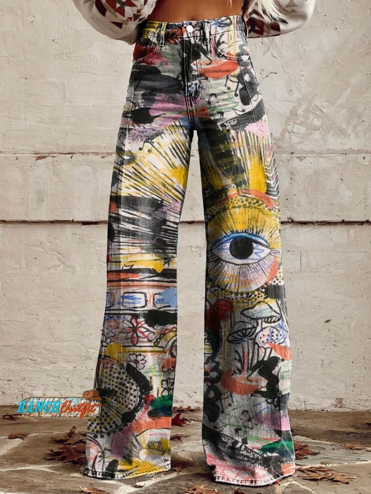 Women’s Color Doodle Casual Wide Leg Pants Multicolor / Xs