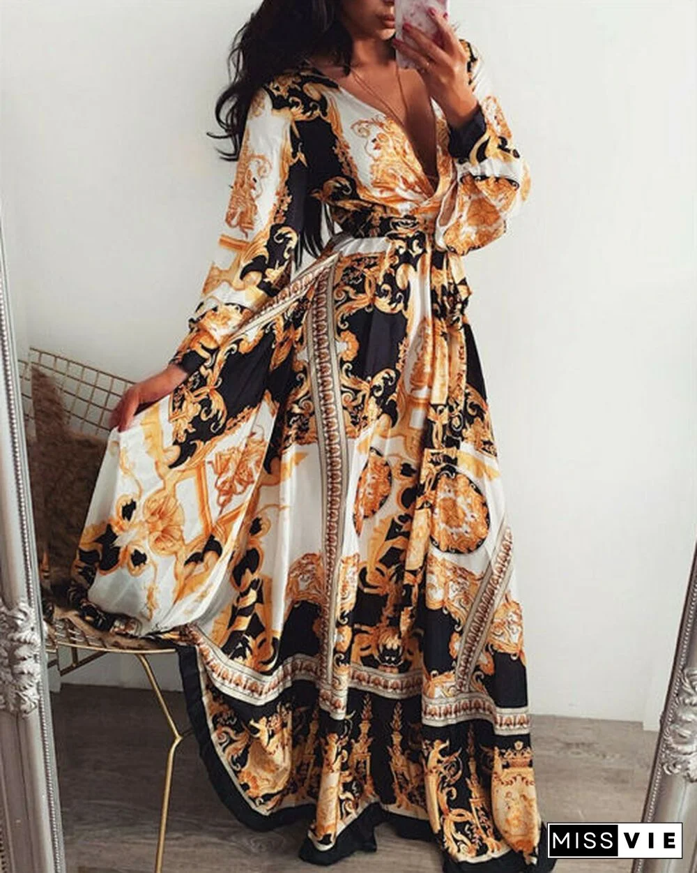 Women Boho Wrap Summer Long Dress Holiday Maxi Loose Sundress Floral Print V-neck Long Sleeve Elegante Dresses Cocktail Party