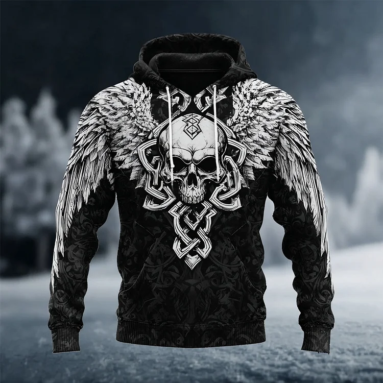 Men's Viking Skull With Wings Pattern Vintage Cozy Hoodie