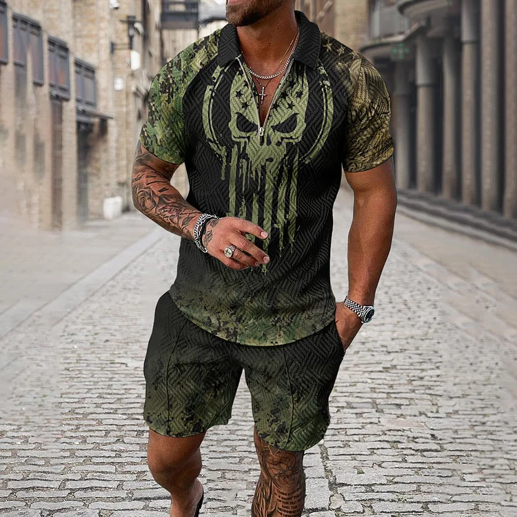 Broswear Men's Skull Camouflage American Flag Print Sleeve Polo Shirt And Shorts Co-Ord