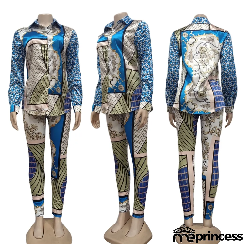 Fall Fashion Retro Print Button Long Sleeve Shirt And Pant Matching Set