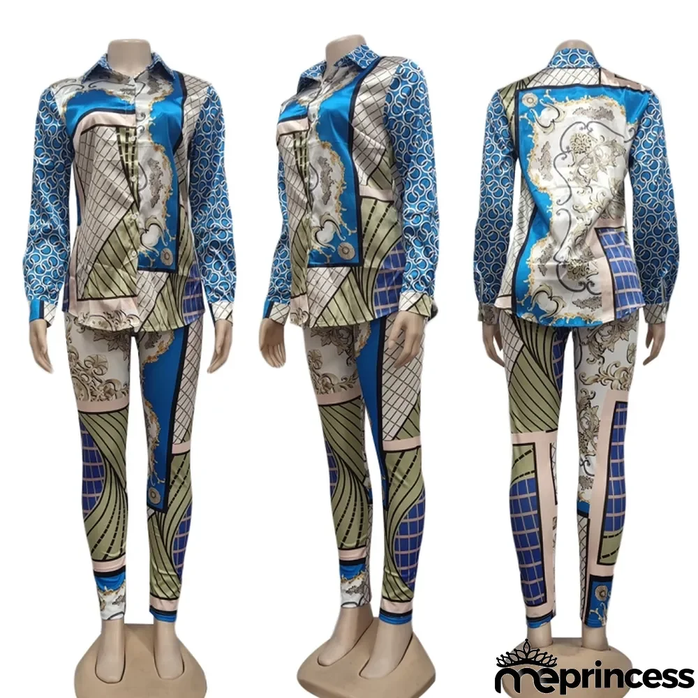 Fall Fashion Retro Print Button Long Sleeve Shirt And Pant Matching Set