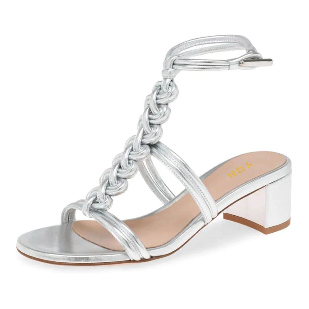 YDN Silver Open Round Toe Braided Trendy Strap Heels Sandals