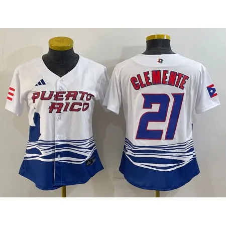 Women's Puerto Rico Baseball #21 Roberto Clemente 2023 White World Baseball Classic Stitched Jersey(Run Small)