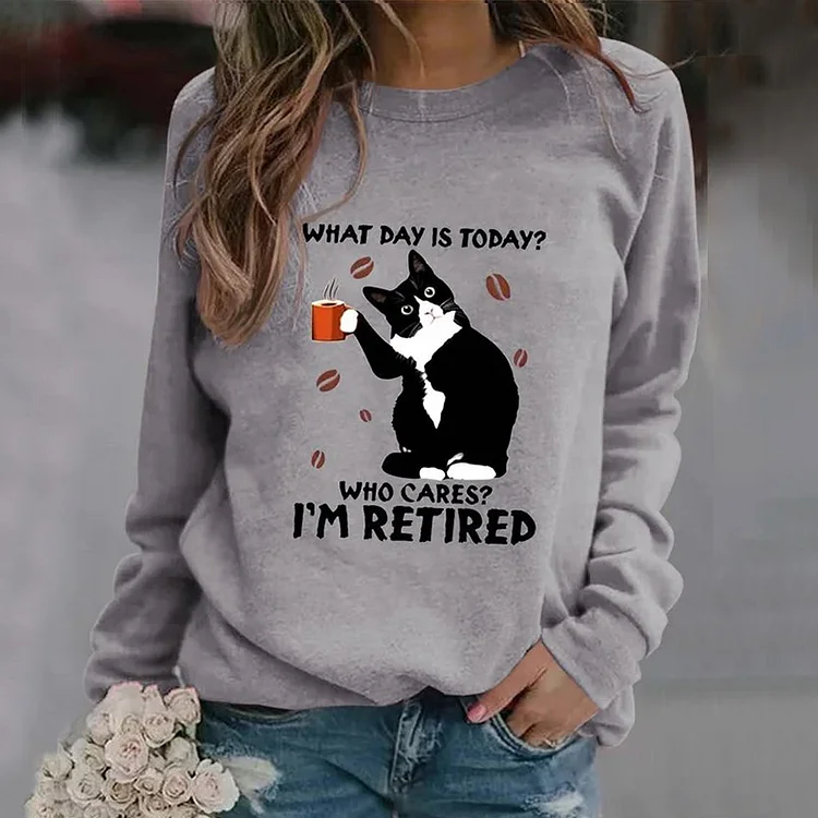Vefave Cat Print Crew Neck Casual Sweatshirt