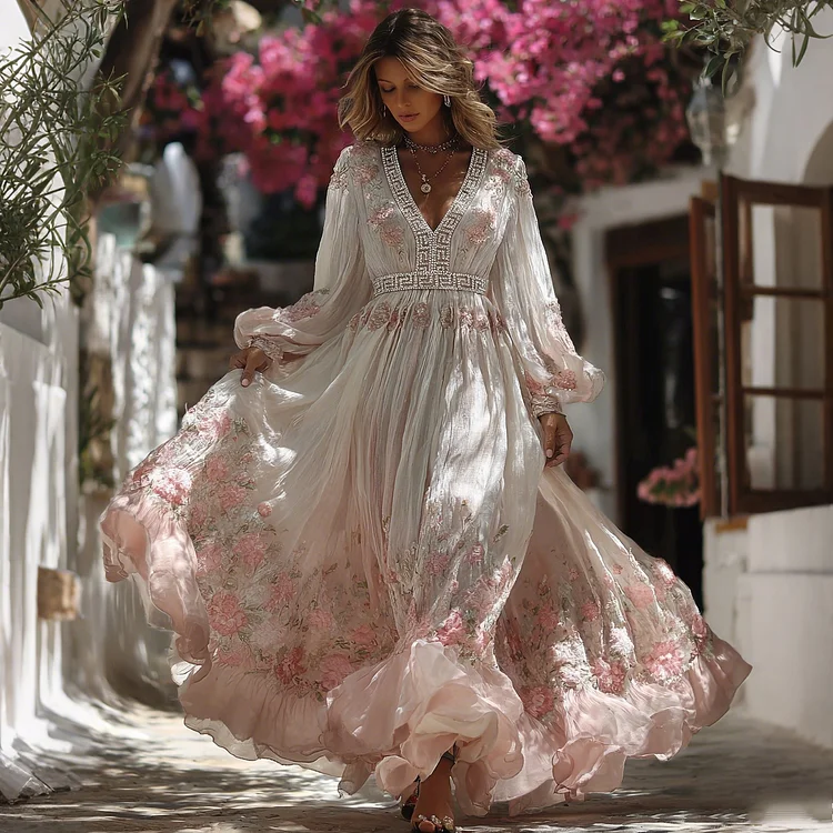 Women's Greece Vacation Greek Key With Floral Print Dress