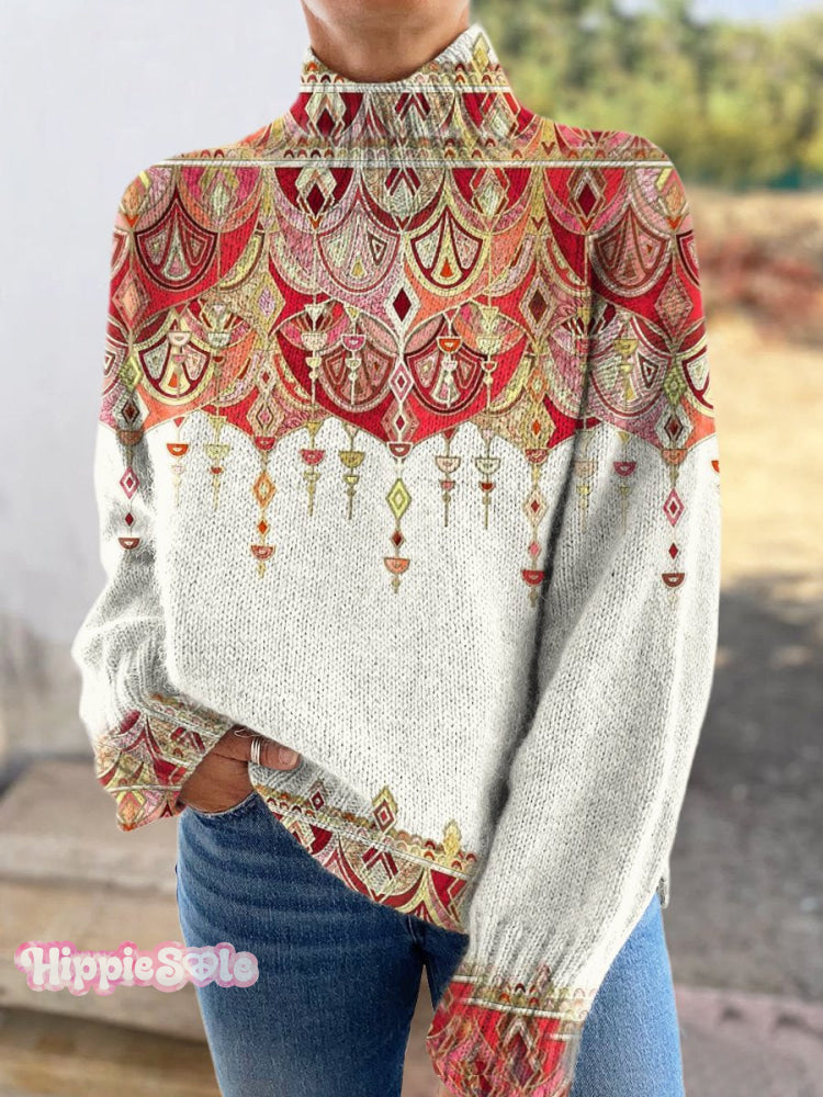 Vintage Graphic Art Print Knitted Turtleneck Pullover Sweater Multicolor / S