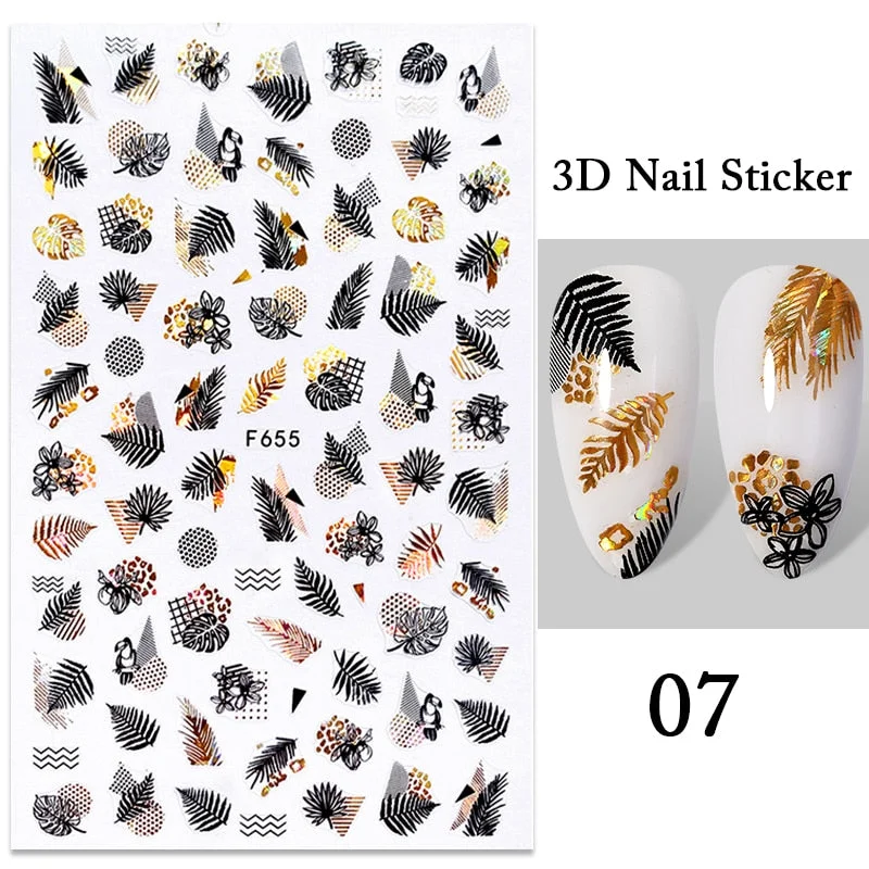 1PC Black White Leaves Flower 3D Nail Stickers Tropical Plants Mandala Leaf Geometry Transfer Decals Nail Art Decorations-Nail Inspo