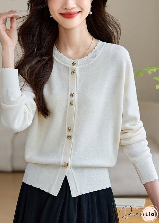 White Button Solid Wool Knit Fall Coats O Neck