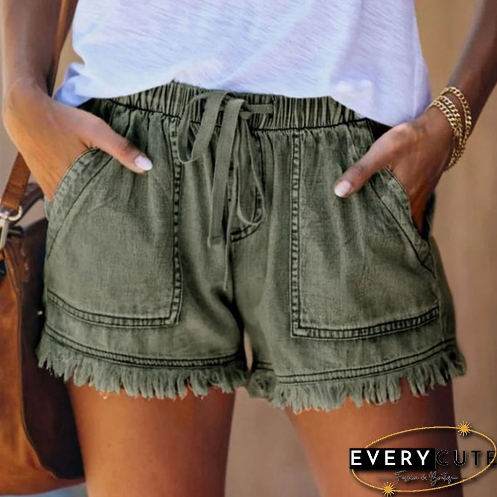 Ladies Elastic Waist Casual High Waist Slim Thin Denim Shorts Hot Pants
