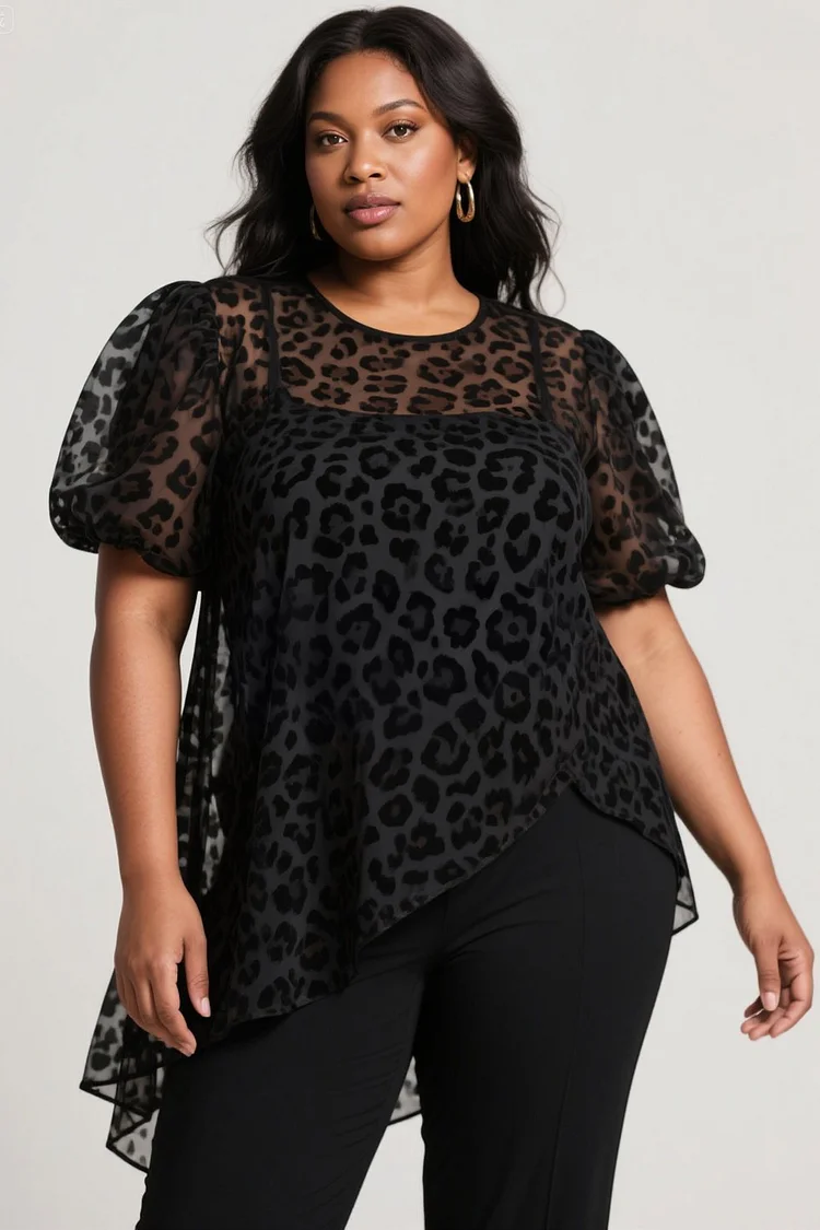 Xpluswear Design Plus Size Daily Black Leopard Round Neck Puff Sleeve Short Sleeve Asymmetric Hem Vintage See Through Blouses [Pre-Order] 2024 - Xpluswear