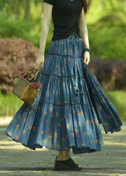 Plus Size Blue Ruffled Print Exra Large Hem Cotton Skirt Spring