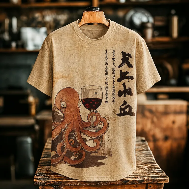Men's Retro Octopus Japanese Art Print Casual T-shirt