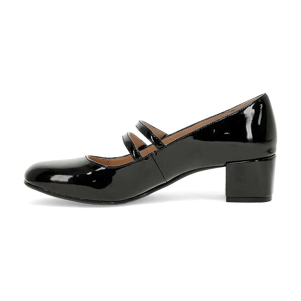 Black Patent Leather Square Toe Double Strap Pearl Heeled Mary Janes