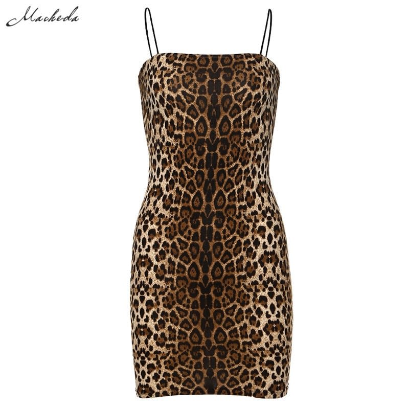 Macheda Leopard Print Sexy Spaghetti Strap Slim Dress Women Autumn Sleeveless Sheath Dress Lady Casual Mini Dress 2019 New