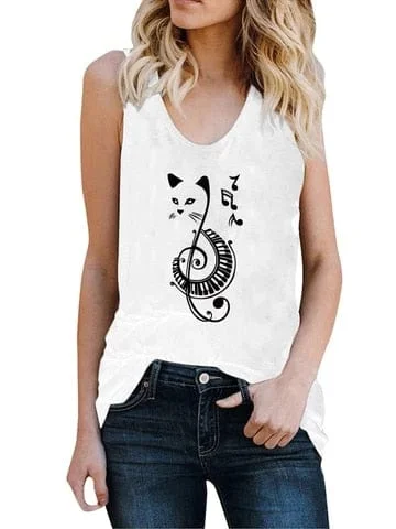 pornhint Pornhint 2023 Casual Musical Note Cat Print Tanks Tops Women Clothes Summer Sleeveless Tank Tops Summer Loose Harajuku Top Verano Mujer