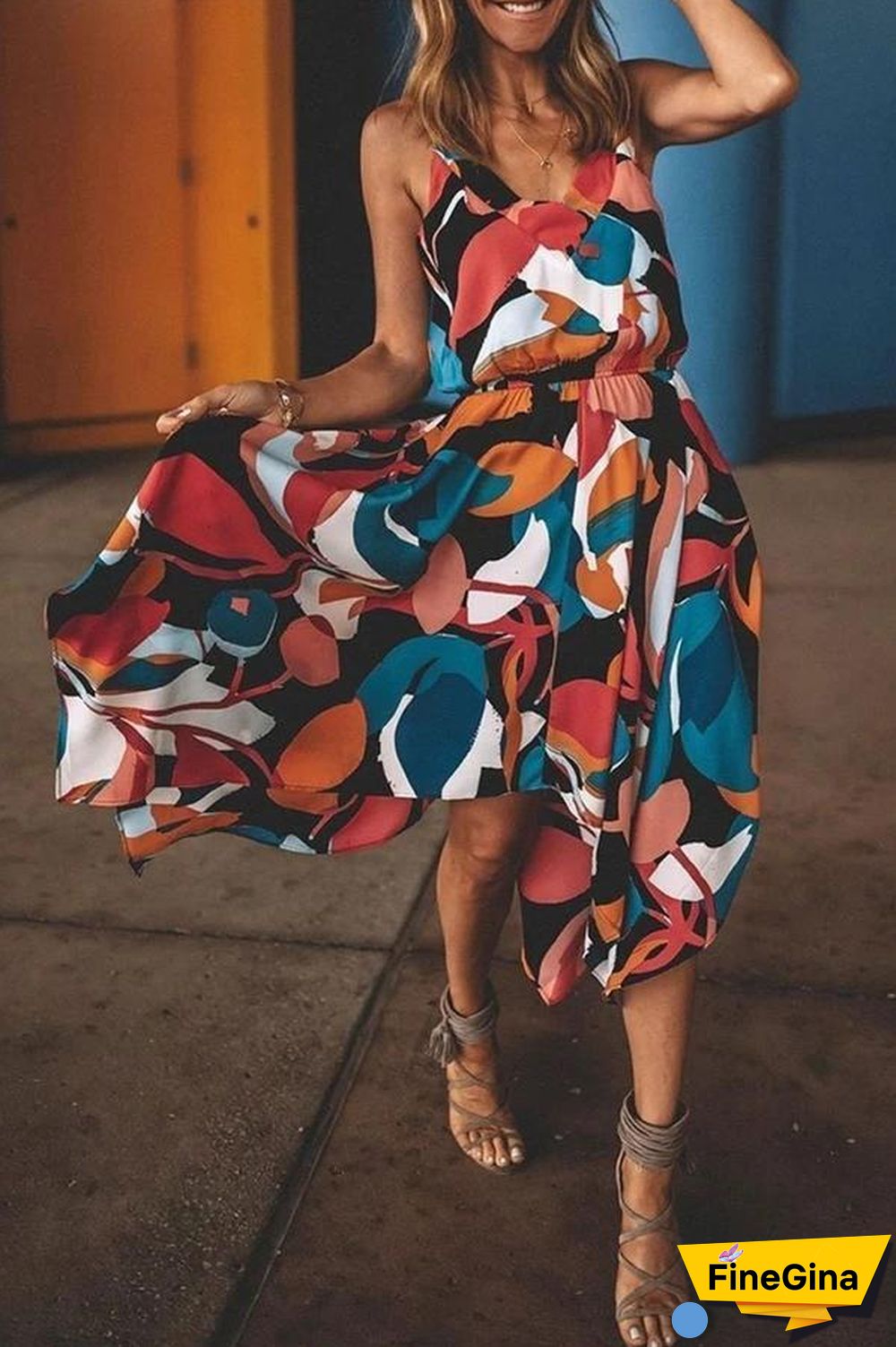 Spaghetti Straps Printed Multicolor Midi Dress (Nonelastic) P15411