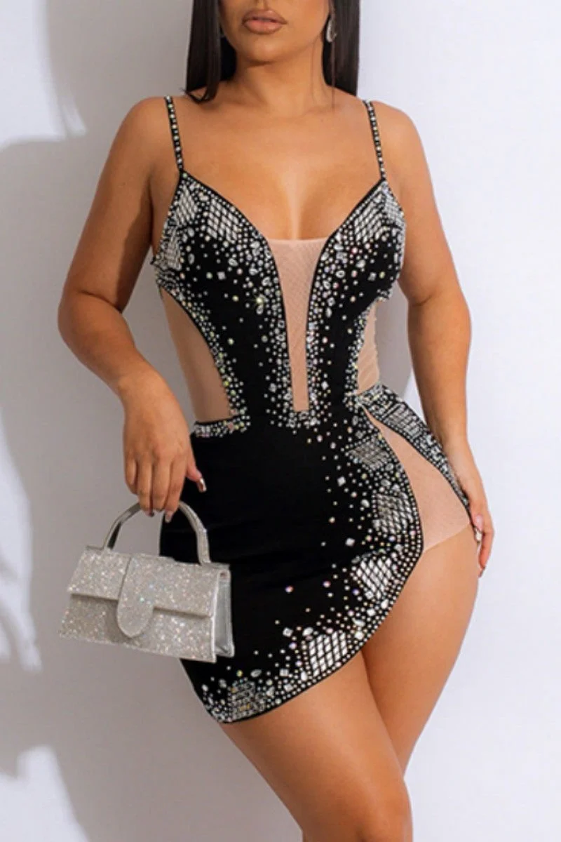 Sexy Patchwork See-through Backless Spaghetti Strap Sleeveless Dress Dresses