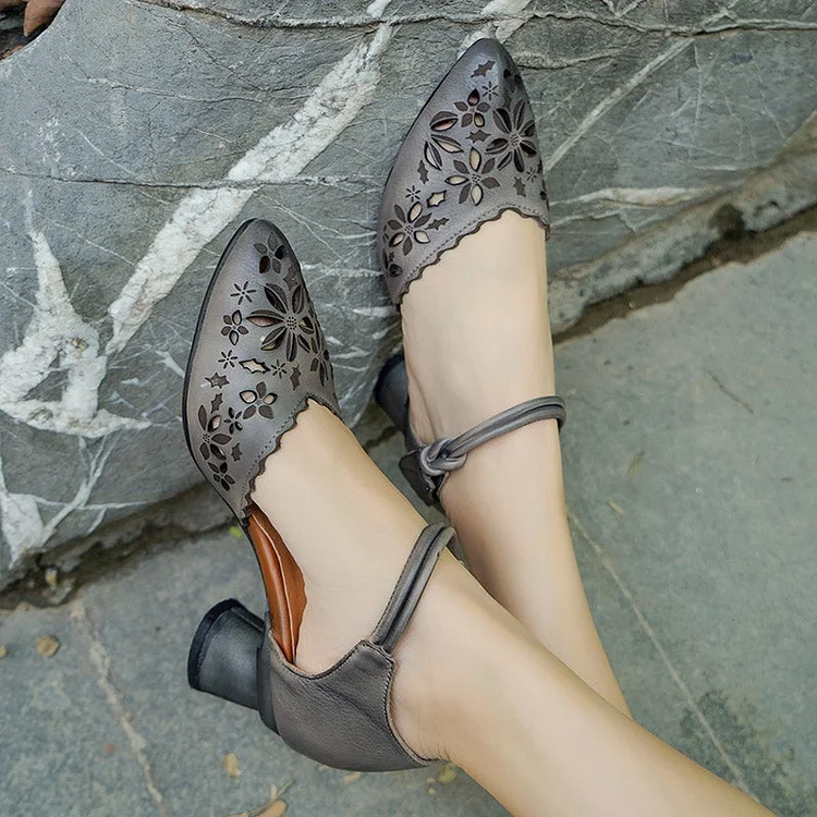 Women Handmade Leather Pumps Flowers Ankle Strap Formal Office Shoes For Women Original Design Gray/Coffee shopify Stunahome.com