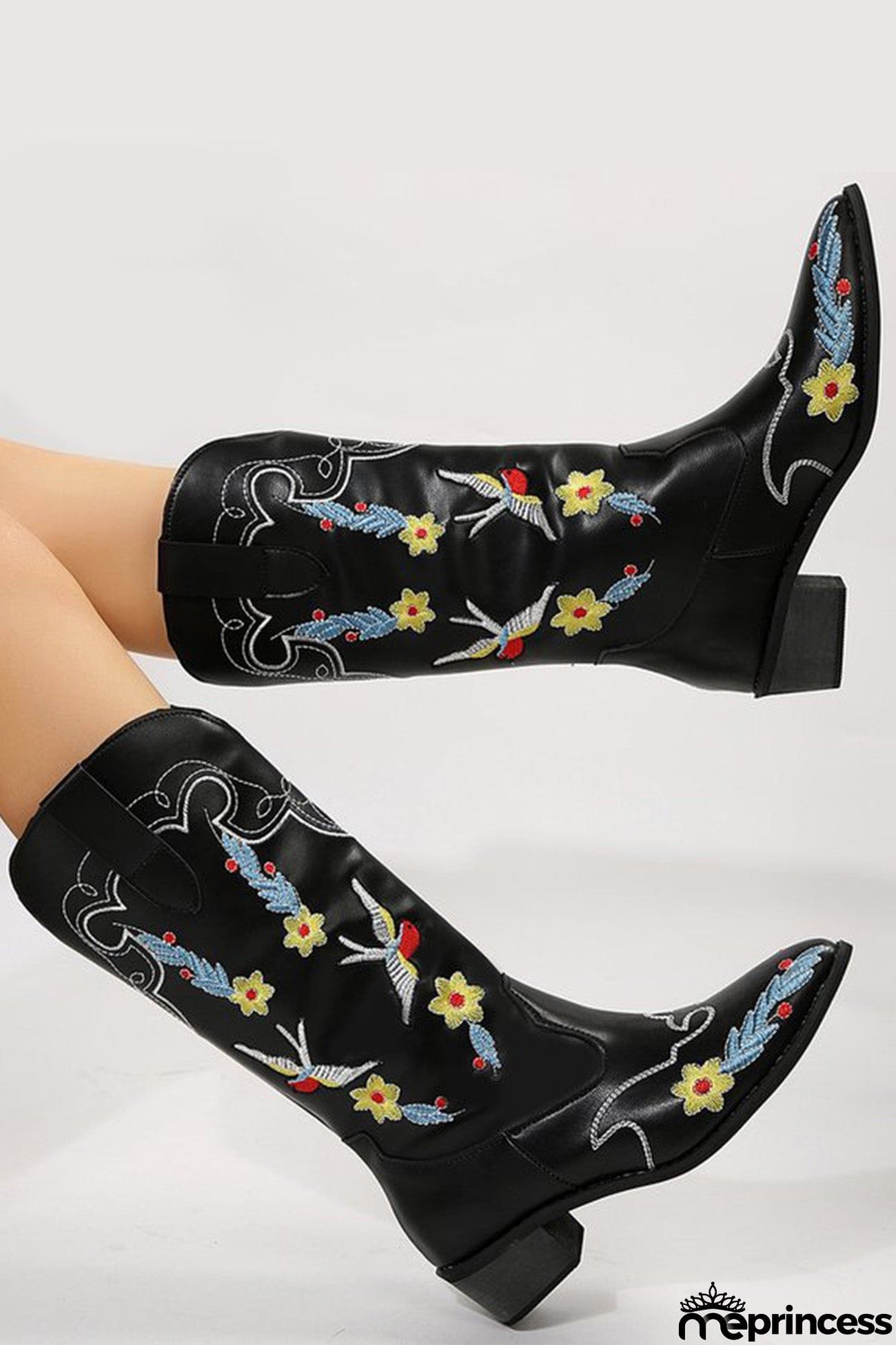 Floral Embroidery Square Toe Knee High Boots