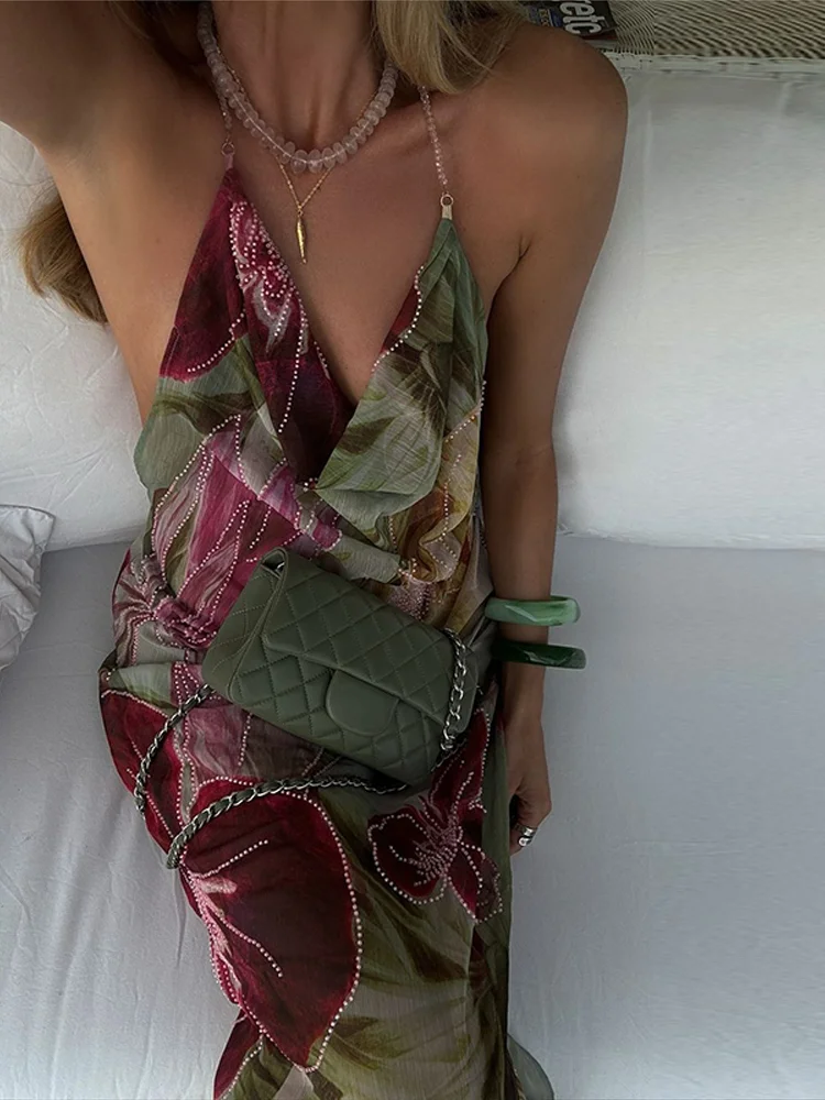 Women Retro Sleeveless Backless Side Slit Sexy Printed V-neck Halter Maxi Dress