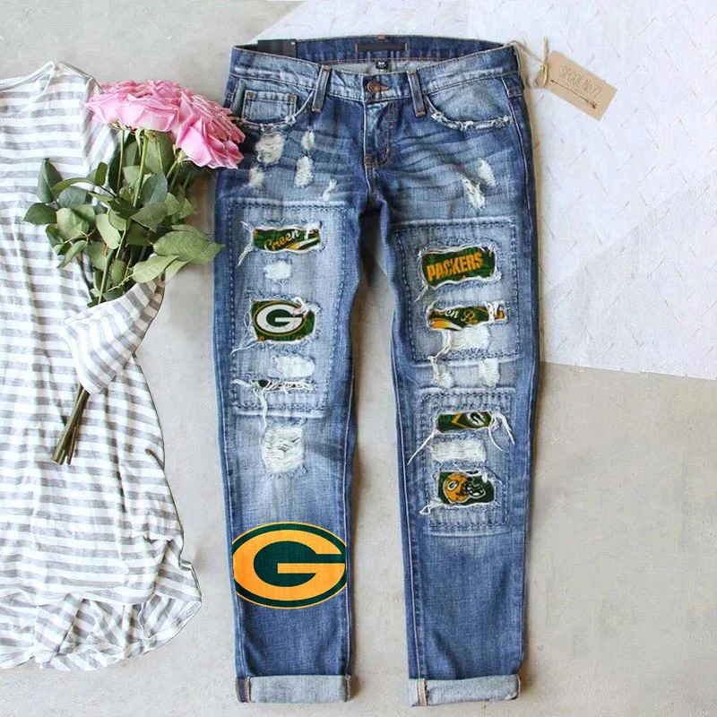 casual fashion perforated printed jeans
