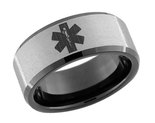 6MM 8MM Women's Or Men's Doctor / EMS / Paramedical Emergency Medical Tech Tungsten Carbide Wedding Rings Duo Tone Black and Silver with Laser Etched Logo