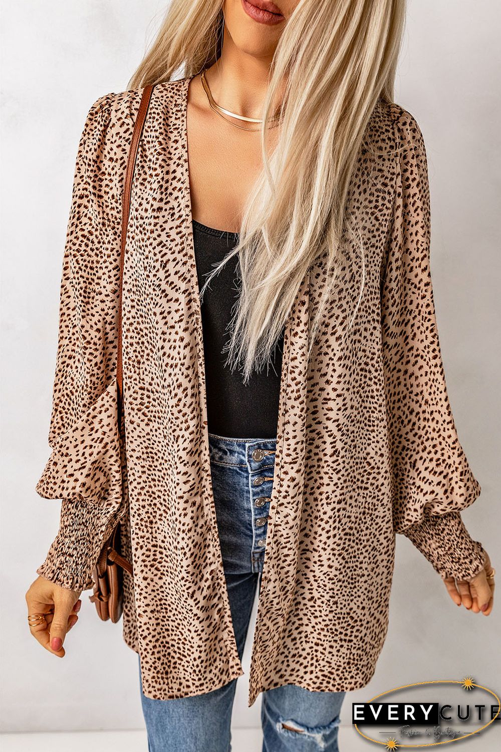 Apricot Animal Print Shirred Cuff Lantern Sleeve Cardigan