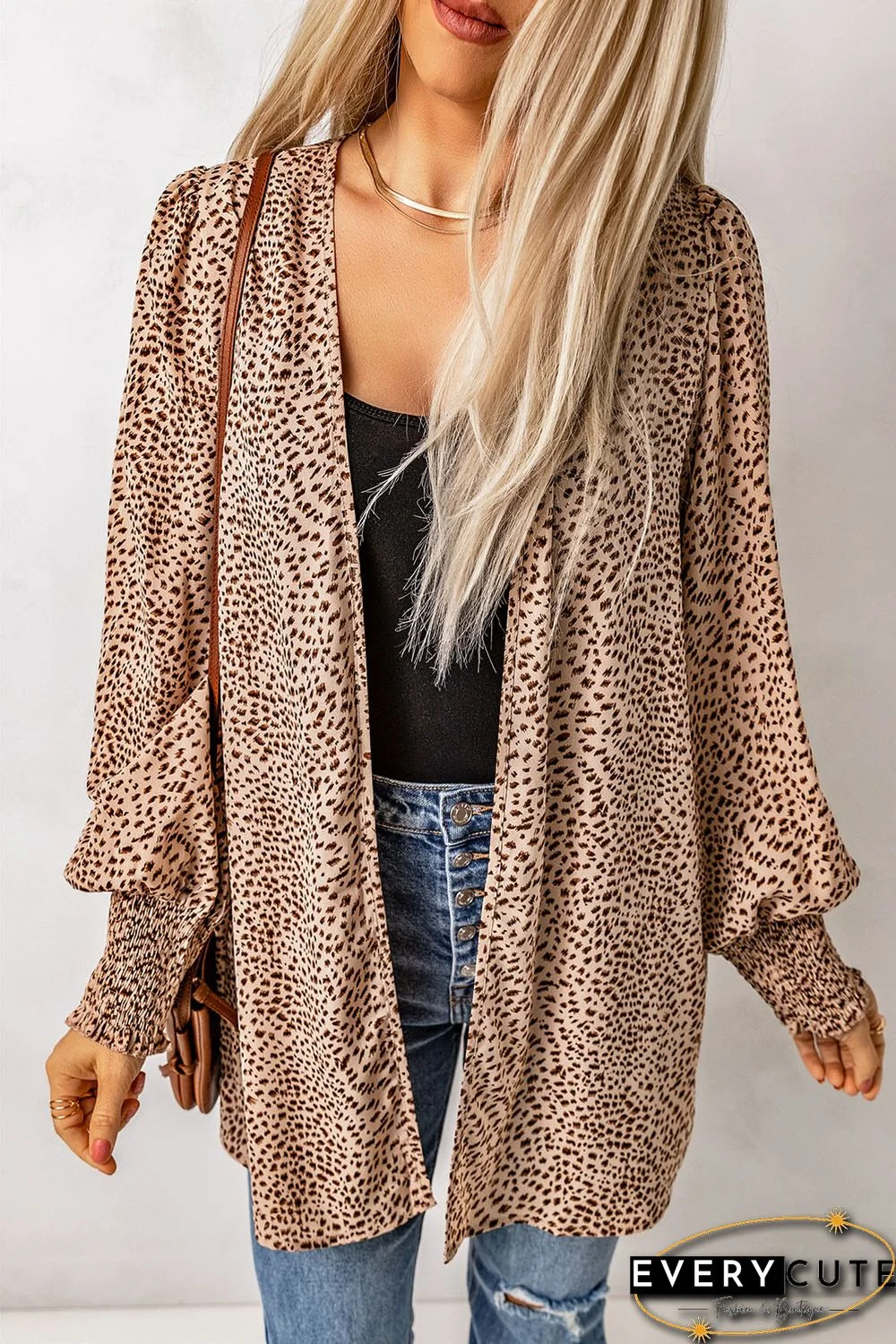 Apricot Animal Print Shirred Cuff Lantern Sleeve Cardigan