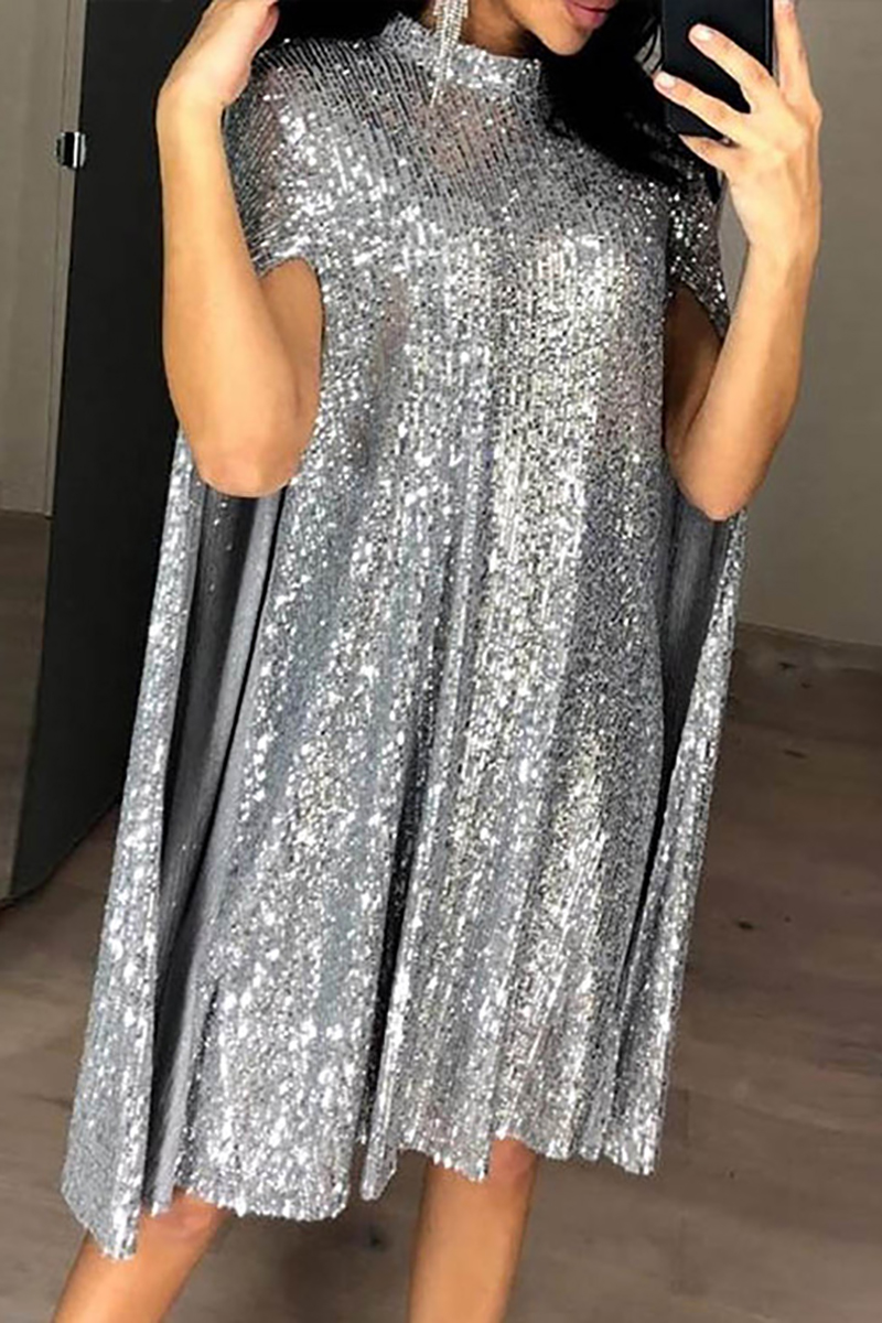 Plus Size Silver Party Spark Sequin Stand Collar Cape Sleeve Midi Dress
