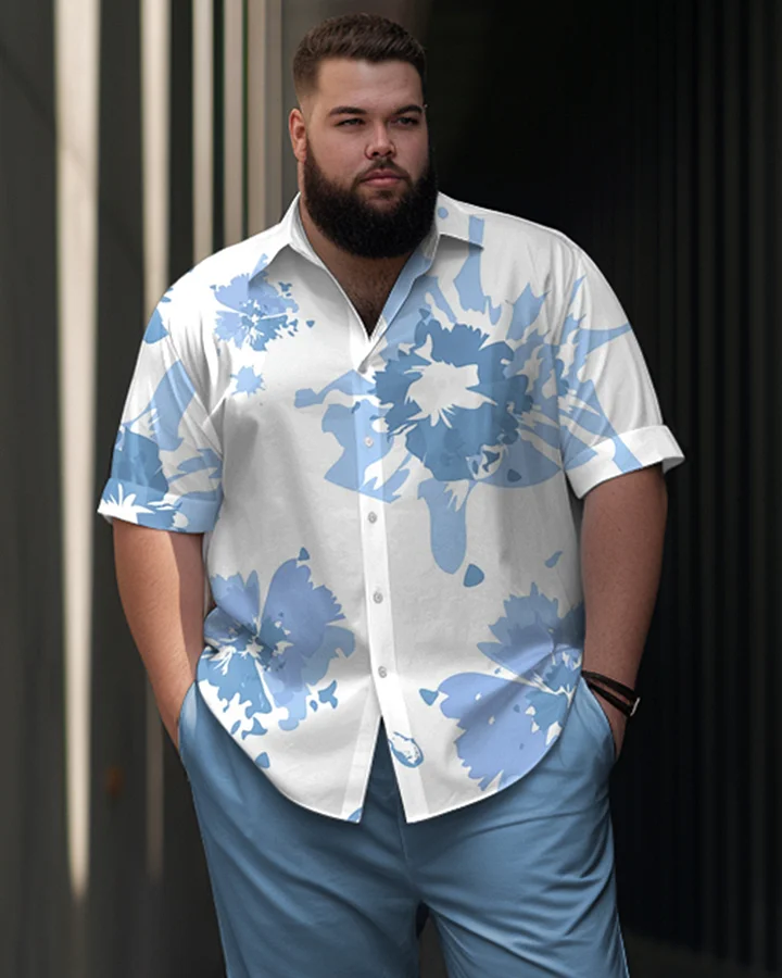 Men's Plus Size Business Casual Flower Print Short Sleeve Shirt Trousers Suit