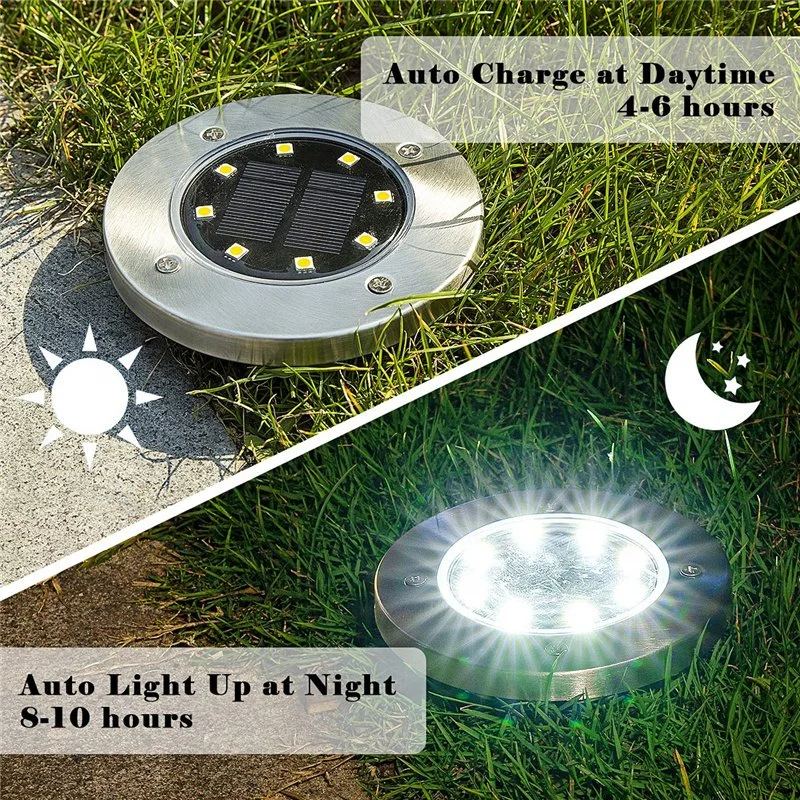 4 Packs 8 LED Solar Powered Disk Ground Lights Outdoor Waterproof
