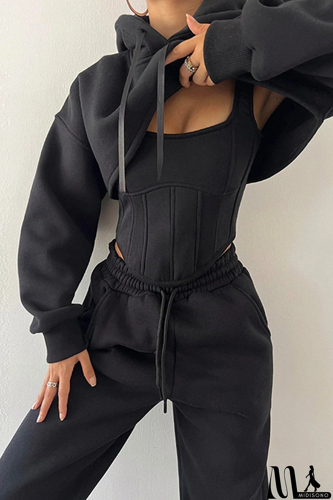 MidiSono - Cover-up Hoodie Corset Vest Three-piece Pants Suits
