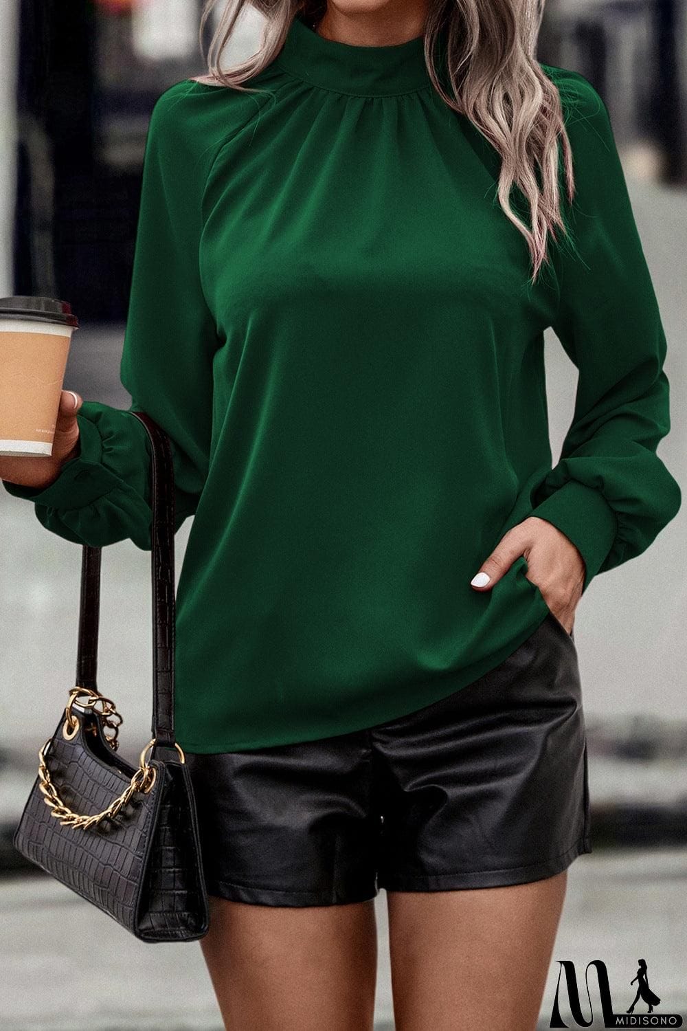 MidiSono - Cutout Gathered Detail Mock Neck Top