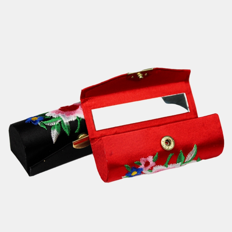 Traditional Chinese Embroidered Satin Makeup Box for Lipstick and Jewelry Storage