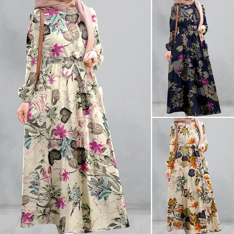 Retro Floral Printed Maxi Dress Women's Autumn Sundress 2022 ZANZEA Muslim Dresses Female Belted Oversized Long Vestido Robe