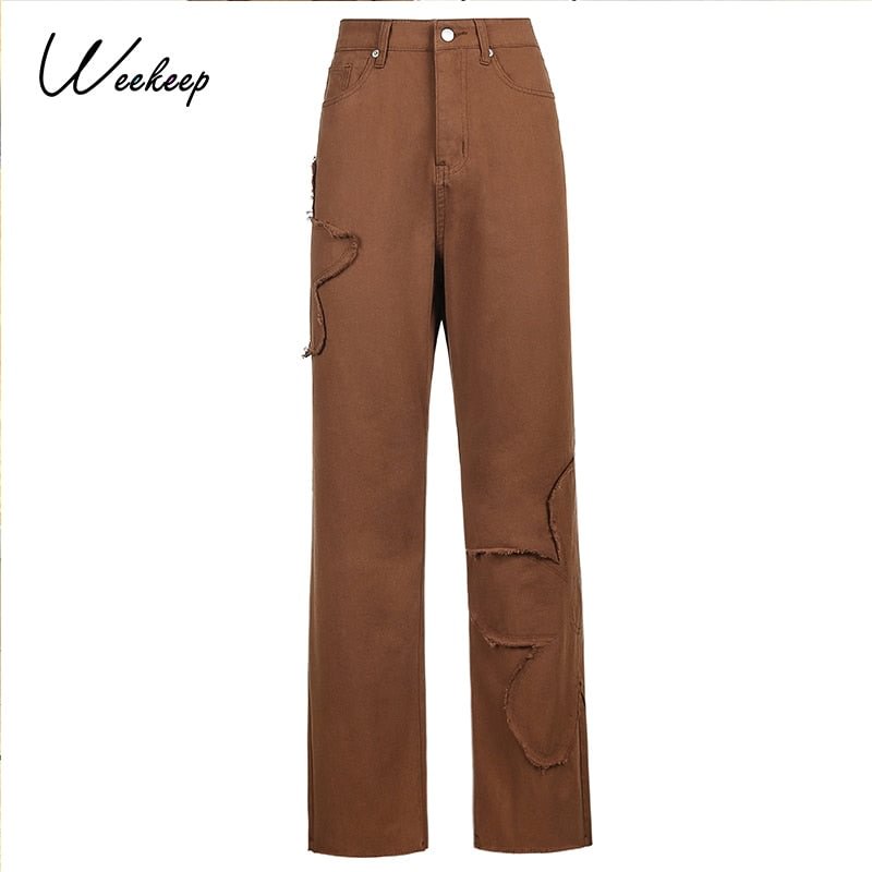 Weekeep Brown Korean Vintage Straight Jeans Women Patched High Waisted Baggy Cotton Wide Leg Slim Cargo Pants Denim Trousers New