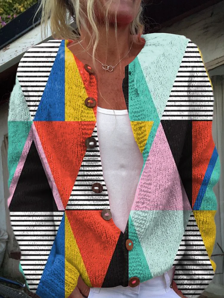 Retro Abstract Art Print Casual Buttoned Cardigan Sweater