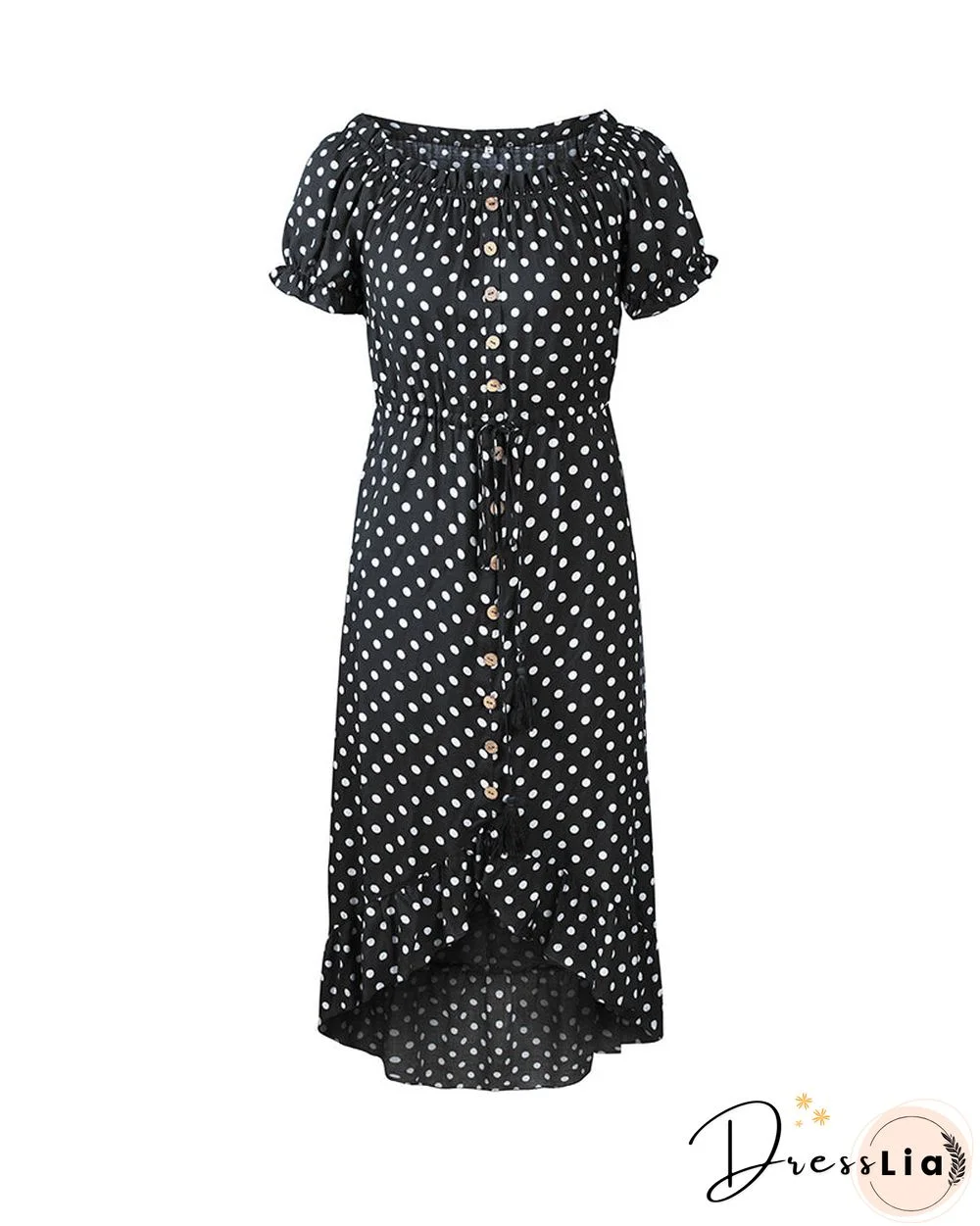 Off Shoulder Polka Dot Button Down Maxi Dress