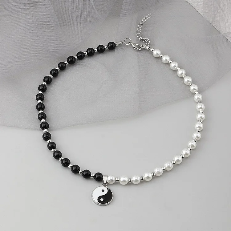 Tai Chi Yin Yang Necklaces Black Beads White Pearl Pendant