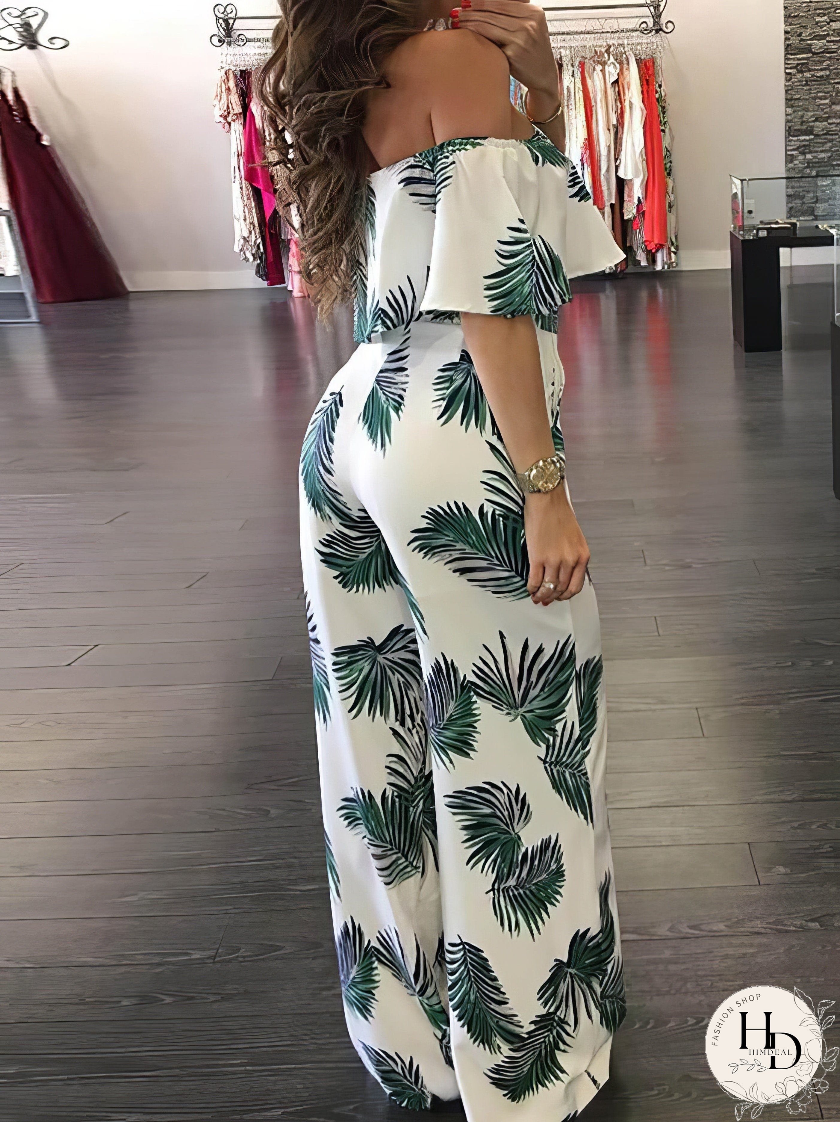 Fashion Print Frilled Off Shoulder Flared Jumpsuit