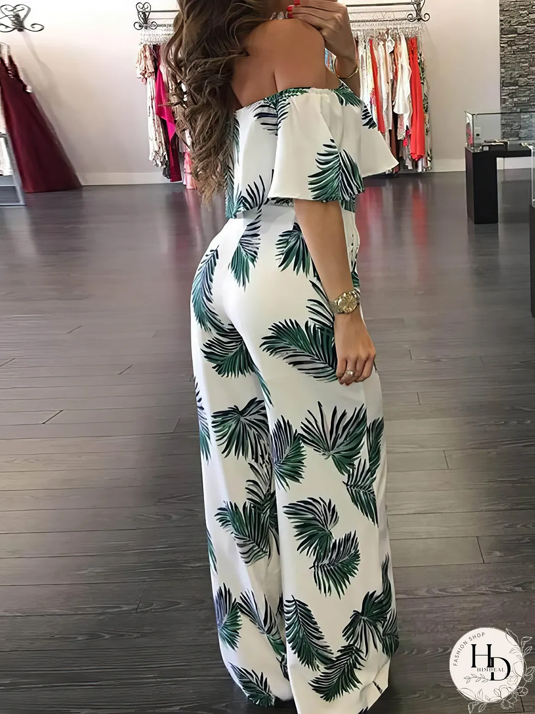 Fashion Print Frilled Off Shoulder Flared Jumpsuit