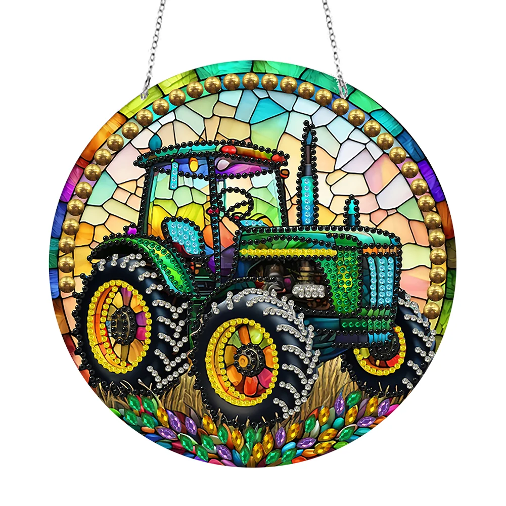 DIY Diamond Painting Hanging Ornament - Stained Glass Style Tractor