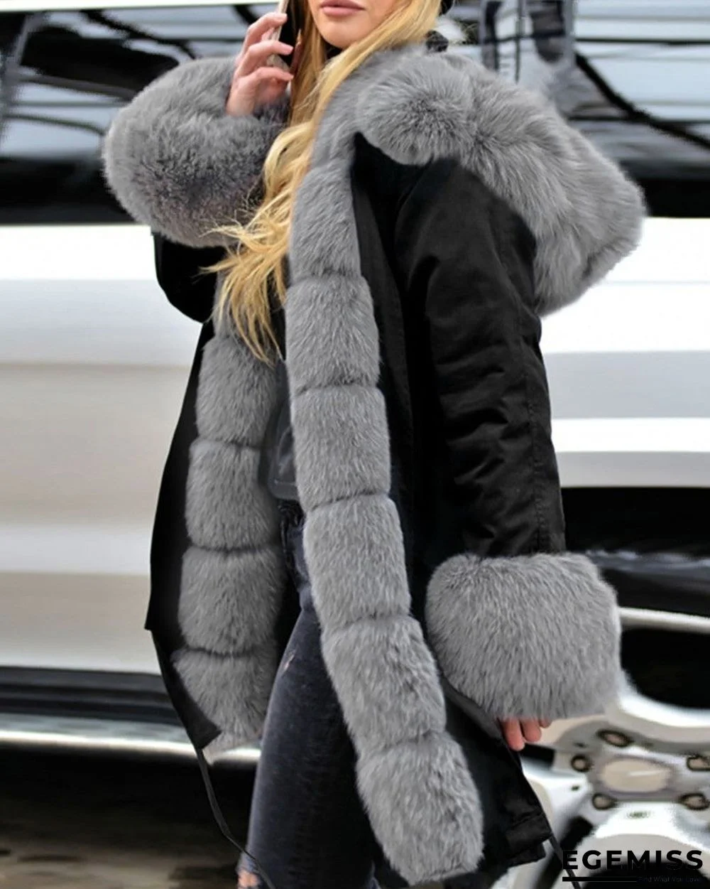 Faux Fur Patch Camouflage / Plain Hooded Parka Coat | EGEMISS