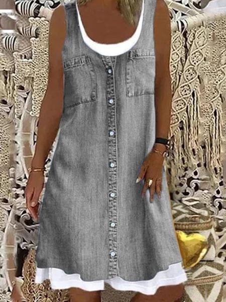 Summer New Fashion Women's Denim Printed Fake Two-piece Sleeveless Casual Dress Loose Plus Size Soft and Comfortable Dress XS-5XL - BlackFridayBuys