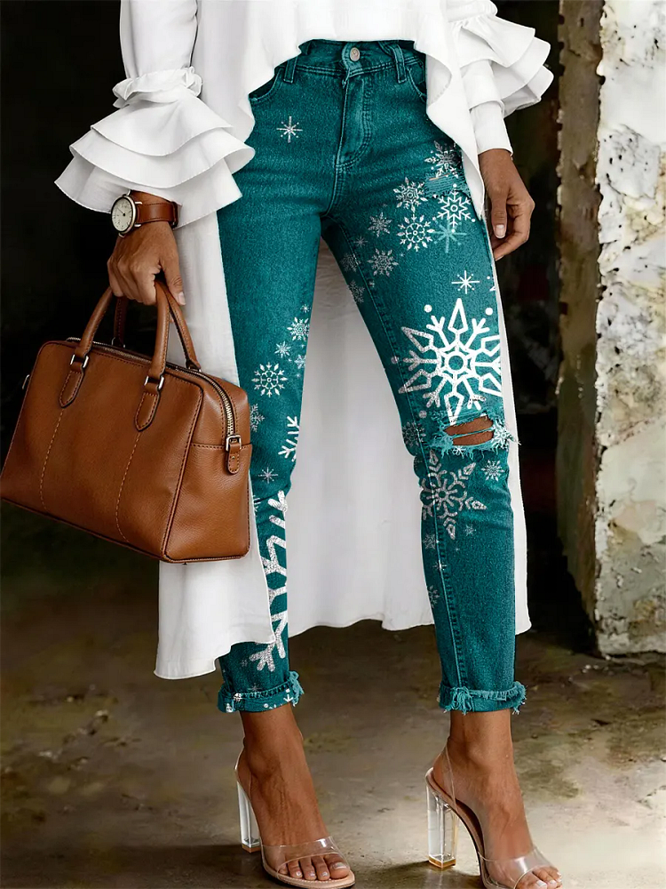Women's Fashion Casual Art Print Ripped Skinny Jeans