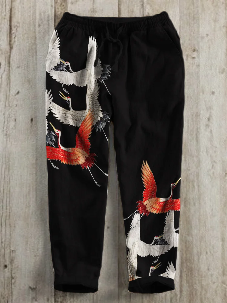 Cranes Japanese Art Linen Blend Casual Pants